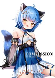 Rule 34 | 1girl, ahoge, animal ears, artist name, blue hair, blush, blush stickers, breasts, commission, dress, fang, flat chest, gloves, hair ornament, hairclip, highres, idol corp, key, looking at viewer, open mouth, poko rakun, raccoon ears, raccoon tail, ribbon, see-through, see-through sleeves, short hair, simple background, skirt, small breasts, tail, thighs, virtual youtuber, white background