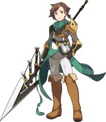 Rule 34 | 1boy, aqua neckwear, armor, artist request, asymmetrical hair, bandana, black gloves, boots, braid, breastplate, brown footwear, clenched hand, closed mouth, evan (world flipper), fanny pack, fingerless gloves, full body, gloves, green eyes, grey shirt, hand on own hip, happy, highres, holding, holding polearm, holding weapon, looking at viewer, male focus, non-web source, official art, pants, plaid neckwear, polearm, shirt, short hair, shoulder armor, side ponytail, simple background, single braid, smile, solo, standing, thigh boots, thighhighs, transparent background, vambraces, waist cape, weapon, white pants, world flipper