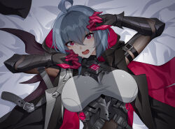 Rule 34 | 1girl, absurdres, ahoge, armor, armored bodysuit, arms up, asymmetrical hair, bed sheet, belt, belt buckle, black belt, black bodysuit, black cloak, black gloves, bodysuit, breasts, buckle, chinese commentary, clawed gauntlets, cloak, curled fingers, eyeliner, eyes visible through hair, eyeshadow, gloves, grey belt, grey hair, hair between eyes, highres, honkai (series), honkai impact 3rd, hood, hood down, implied futanari, large breasts, looking at viewer, loose belt, lying, makeup, mole, mole under mouth, on back, on bed, open mouth, penis awe, penis shadow, raven (honkai impact), red eyeliner, red eyes, red eyeshadow, red hood, shiny clothes, shirt, short hair, slit pupils, surprised, sweat, taut clothes, taut shirt, two-sided cloak, two-sided fabric, upper body, wu ganlan cai