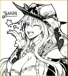 Rule 34 | 1girl, ;d, breasts, character name, cleavage, english text, food, fruit, greyscale, hand on headwear, hat, highres, hinanawi tenshi, ishida kazuma, large breasts, leaf, long hair, looking at viewer, monochrome, one eye closed, open mouth, peach, shikishi, simple background, smile, solo, star (symbol), touhou, traditional media, upper body