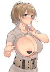 Rule 34 | 1girl, absurdres, areola slip, belt, blue eyes, blush, breasts, brown hair, buttons, cleavage, collarbone, collared shirt, grey shirt, hair between eyes, heart pasties, highres, intrepid (kancolle), kantai collection, large breasts, nipple slip, nipples, osananajimi neko, parted lips, pasties, ponytail, shirt, short hair, simple background, solo, star (symbol), upper body, white background