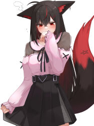 Rule 34 | 1girl, absurdres, alternate costume, angry, animal ears, black hair, black skirt, blush, center frills, covering own mouth, crossed bangs, double-parted bangs, embarrassed, fox ears, fox girl, fox tail, frills, hair between eyes, hair ornament, hairclip, half-skirt, highres, hololive, horse ears, jirai kei, kurokami fubuki, lace sleeves, long sleeves, micon, miniskirt, pleated skirt, see-through, see-through sleeves, shirakami fubuki, skirt, skirt hold, solo, sweatdrop, tail, virtual youtuber