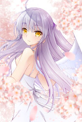 Rule 34 | 1girl, alternate costume, angel beats!, angel wings, bare shoulders, blurry, blush, breasts, cherry blossoms, chibinon, commentary, cowboy shot, depth of field, dress, eyelashes, eyes visible through hair, feathered wings, floating hair, from side, hair between eyes, half updo, hands up, happy, long hair, looking at viewer, open mouth, ribbon, short ponytail, sidelighting, sidelocks, small breasts, smile, solo, standing, sundress, tenshi (angel beats!), very long hair, white dress, white hair, white ribbon, white wings, wings, yellow eyes