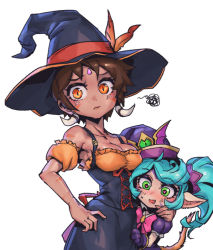 Rule 34 | 2girls, bare shoulders, bewitching nidalee, bewitching poppy, black dress, black headwear, blush, bow, bowtie, breasts, brown hair, cleavage, collarbone, cowboy shot, dress, green eyes, hair ornament, hand on own hip, hat, large breasts, league of legends, multiple girls, nidalee, orange dress, phantom ix row, pink bow, pink bowtie, poppy (league of legends), puffy short sleeves, puffy sleeves, short hair, short sleeves, simple background, tooth hair ornament, twintails, wavy mouth, white background, witch hat