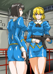 Rule 34 | 1990s (style), 2girls, agent aika, aika (series), ascot, black ascot, black hair, blonde hair, blue delmo, blue delmo a, blue eyes, blue jacket, blue skirt, breasts, catherine (agent aika), closed mouth, covered erect nipples, delmo, dress, gun, hands up, highres, holding, holding weapon, indoors, jacket, juliet sleeves, legs, long sleeves, looking at viewer, looking back, mamesi-ii, mamesi (suhk8583), medium breasts, multiple girls, pencil skirt, puffy sleeves, retro artstyle, short hair, skin tight, skirt, smile, standing, thighs, uniform, weapon