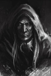 Rule 34 | 1boy, artist name, cloak, close-up, graphite (medium), greyscale, hood, hooded cloak, long hair, looking at viewer, malcador the sigillite, monochrome, old, old man, portrait, signature, simple background, solo, traditional media, tube, veronica anrathi, warhammer 40k
