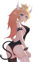 Rule 34 | 1girl, armlet, arms at sides, asymmetrical legwear, back, backlighting, bare shoulders, black thighhighs, blonde hair, blue eyes, bowsette, bracelet, breasts, collar, covered erect nipples, cowboy shot, crown, demon tail, earrings, from side, hair between eyes, halterneck, highres, horns, jewelry, large breasts, legs apart, leotard, mario (series), md5 mismatch, mismatched legwear, nail polish, new super mario bros. u deluxe, nintendo, parted bangs, pointy ears, resolution mismatch, see-through, simple background, solo, source larger, spiked armlet, spiked bracelet, spiked collar, spikes, super crown, tail, thighhighs, white background
