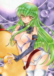 Rule 34 | 1girl, alternate costume, bad id, bad pixiv id, blush, breasts, c.c., cheese-kun, cleavage, code geass, cowboy shot, detached collar, detached sleeves, hugging doll, geass, green hair, highres, izumo neko, long hair, navel, no nipples, nude, hugging object, revealing clothes, short hair, solo, thighhighs, traditional media, very long hair, white thighhighs, yellow eyes