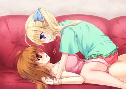 Rule 34 | 2girls, asou natsume, blonde hair, blue eyes, blush, breasts, brown hair, couch, eye contact, girl on top, jewelry, long hair, looking at another, lying, multiple girls, naked towel, on back, original, pendant, ponytail, red eyes, restrained, ribbon, shirt, shorts, smile, straddling, towel, yuri