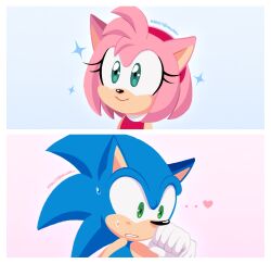 Rule 34 | 1boy, 1girl, amy rose, artist name, blue fur, blush, dress, furry, furry female, furry male, gloves, green eyes, hairband, hand up, heart, hedgehog, hedgehog boy, hedgehog ears, hedgehog girl, highres, kady (miukeii), pink fur, red dress, red hairband, smile, sonic (series), sonic the hedgehog, star (symbol), sweat, upper body
