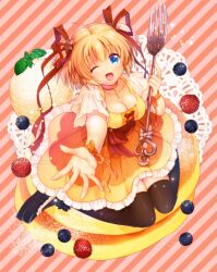 Rule 34 | 1girl, ;d, ahoge, alternate costume, arm ribbon, black footwear, black thighhighs, blonde hair, blue eyes, blueberry, blush, bow, breasts, cleavage, collarbone, commentary request, dress, food, fork, frilled dress, frills, from above, fruit, full body, hair between eyes, hair ornament, hair ribbon, hand up, happy, holding, holding fork, jewelry, kamikita komari, large breasts, light particles, little busters!, long ribbon, looking at viewer, necklace, one eye closed, open hand, open mouth, orange bow, orange dress, orange ribbon, pancake, pink background, reaching, reaching towards viewer, red ribbon, ribbon, satomi yoshitaka, shiny skin, short dress, short hair, short sleeves, simple background, sitting, smile, solo, star (symbol), star cutout, star hair ornament, strawberry, striped, striped background, thighhighs, two side up, wariza, wrist bow