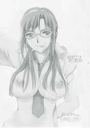 Rule 34 | 00s, 1girl, breasts, cum, covered erect nipples, evangelion: 2.0 you can (not) advance, facial, fujisaka kuuki, glasses, hairband, highres, large breasts, looking at viewer, makinami mari illustrious, monochrome, neon genesis evangelion, nipples, no bra, open clothes, open shirt, rebuild of evangelion, smile, solo, tongue, tongue out