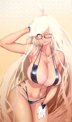 Rule 34 | ahoge, alma armas, arm behind head, armpits, bikini, black bikini, blonde hair, breasts, cleavage, curvy, glasses, gloves, gradient background, hand on thigh, heart, highres, large breasts, long hair, looking at viewer, midriff, one eye closed, patterned background, puk (higanbana doujin), sideboob, strap, swimsuit, tan, tanline, thick thighs, thighs, underboob, va-11 hall-a, very long hair, watermark, white gloves, wink, yellow background, yellow eyes