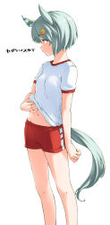 Rule 34 | 1girl, absurdres, blue eyes, breasts, clothes lift, ear covers, green hair, green tail, hamao, highres, horse tail, lifting own clothes, looking to the side, navel, red shorts, seiun sky (umamusume), shirt, shirt lift, short sleeves, shorts, simple background, small breasts, smile, solo, standing, tail, umamusume, white background, white shirt