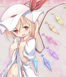 Rule 34 | 1girl, blonde hair, blush, clothes lift, dress, dress lift, fang, female focus, flandre scarlet, hat, hat ribbon, looking at viewer, midriff, navel, no panties, open mouth, puffy sleeves, red eyes, ribbon, sakuna, short sleeves, solo, touhou, white dress, wings