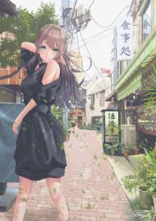 Rule 34 | 1girl, awning, bare shoulders, black dress, blue eyes, blush, brown hair, building, city, dress, hand up, highres, long hair, looking at viewer, original, outdoors, parted lips, plant, road, scenery, sena (illust sena), shop, short sleeves, smile, solo, standing, street, utility pole
