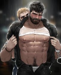 Rule 34 | 2boys, abs, assisted exposure, bara, bare pectorals, beard, behind another, black hair, black pants, blush, cuffs, dopey (dopq), eyebrow cut, facial hair, handcuffs, highres, large pectorals, male focus, male pubic hair, male underwear, male underwear peek, mature male, multiple boys, muscular, muscular male, mustache, navel, navel hair, night, nipples, open clothes, open fly, open pants, open shirt, original, pants, pectorals, penis, police, police uniform, policewoman, presenting another, pubic hair, pubic hair peek, rain, see-through, shirt, short hair, sideburns, stomach, thick eyebrows, underwear, undressing another, uniform, upper body, wet, wet clothes, wet hair, wet shirt, white male underwear, yaoi