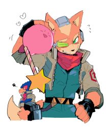Rule 34 | 3boys, annoyed, bird, bluebird, blush, falco lombardi, fingerless gloves, fox, fox mccloud, furry, furry male, game console, gloves, green eyes, gun, handheld game console, happy, kirby, kirby (series), kokusoji, laser, looking at another, looking away, male focus, multiple boys, nintendo, nintendo switch, pilot, pilot suit, pilot uniform, red scarf, scarf, scouter, simple background, smile, star fox, super smash bros., upper body, weapon, white background