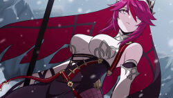 Rule 34 | 1girl, breasts, fishnet pantyhose, fishnets, gauntlets, genshin impact, head wings, holding, holding weapon, impossible clothes, impossible shirt, large breasts, monotsuki, pantyhose, purple eyes, purple hair, rosaria (genshin impact), serious, shirt, snow, weapon, wings