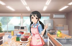 Rule 34 | 1girl, air conditioner, apron, artist request, baking, blue shirt, bowl, brown eyes, butter knife, cake, chocolate cake, collared shirt, egg, food, idolmaster, idolmaster cinderella girls starlight stage, lamp, long hair, long sleeves, looking at viewer, microwave, milk, milk carton, nakano yuka, official art, plate, recipe (object), refrigerator, shirt, sink, sleeves rolled up, smile, solo, twintails, valentine, weighing scale, window