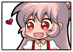 Rule 34 | 1girl, bow, chibi, commentary, fujiwara no mokou, hair bow, heart, jokanhiyou, looking to the side, lowres, no nose, open mouth, pink hair, puffy sleeves, red bow, red eyes, shirt, simple background, smile, solo, symbol-only commentary, touhou, two-tone bow, upper body, white background, white bow, white shirt