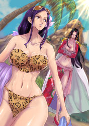 Rule 34 | 2girls, alternate costume, animal print, bare arms, bare legs, bare shoulders, bikini, black eyes, black hair, blue eyes, blurry, blurry background, blush, boa hancock, breasts, cleavage, cloud, collarbone, covered erect nipples, curvy, day, dutch angle, earrings, epaulettes, eyewear on head, female focus, flower, grin, hair flower, hair ornament, hibiscus, high heels, jacket, jewelry, kakutou oukoku, large breasts, lavender flower, legs, leopard print, lips, long hair, long sleeves, looking at another, looking back, midriff, multiple girls, navel, neck, nico robin, no panties, ohcock, one piece, outdoors, palm tree, parted bangs, parted lips, print bikini, purple hair, pussy, red footwear, red jacket, red sarong, revealing clothes, rock, sarong, see-through, serious, sidelocks, sky, smile, snake earrings, standing, stomach, strapless, strapless bikini, sun, sunglasses, sunglasses on head, sunlight, swept bangs, swimsuit, thick thighs, thighs, tree, wide hips