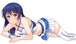 Rule 34 | 1girl, arm rest, blue hair, blush, bracelet, breasts, cleavage, closed mouth, clothes writing, commentary, criss-cross halter, crop top, dark blue hair, earrings, feet out of frame, halterneck, highres, hino minato (spec.c), jewelry, long hair, looking at viewer, love live!, love live! school idol project, lying, miniskirt, on stomach, orange eyes, pleated skirt, race queen, simple background, skirt, sleeveless, solo, sonoda umi, stud earrings, tank top, thighhighs, white background, white skirt, white tank top, white thighhighs