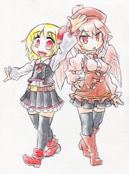 Rule 34 | 2girls, adapted costume, animal ears, blonde hair, boots, bow, dress, hair ribbon, hand on own hip, hat, highres, kawachi koorogi, marker (medium), multiple girls, mystia lorelei, open mouth, pink hair, red eyes, ribbon, rumia, short hair, simple background, thighhighs, touhou, traditional media, wings
