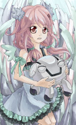 Rule 34 | 10s, 1girl, bare shoulders, bow, dress, fyu-neru, guilty crown, hair ornament, hairclip, holding, long hair, looking at viewer, misa, open mouth, pink hair, red eyes, robot, solo, twintails, wings, yuzuriha inori