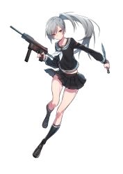 Rule 34 | 1girl, animal print, black footwear, black serafuku, black shirt, black skirt, black socks, closed mouth, closers, clothes lift, collarbone, dagger, dual wielding, eyebrows, flat chest, floating hair, full body, gun, hair between eyes, highres, holding, holding gun, holding weapon, kneehighs, knife, loafers, long hair, long sleeves, looking at viewer, looking to the side, miniskirt, neckerchief, outstretched arm, outstretched hand, pleated skirt, ponytail, rabbit print, red eyes, school uniform, serafuku, shirt, shoes, silver hair, simple background, skirt, skirt lift, socks, solo, submachine gun, supernew, swept bangs, tina (closers), trigger discipline, weapon, white background
