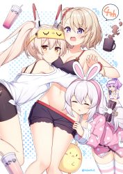 Rule 34 | 4girls, :d, ^^^, ahoge, anchor hair ornament, animal ears, arrow (symbol), ayanami (azur lane), ayanami (off-duty battle station gear) (azur lane), azur lane, azur lane: slow ahead, back, bandaid, bandaid on arm, bare shoulders, bike shorts, black camisole, black ribbon, black shorts, blonde hair, bloomers, blue eyes, blush, bra strap, bracelet, breasts, bubble tea, camisole, cellphone, cleavage, closed eyes, closed mouth, clothes pull, collarbone, commentary request, cowboy shot, crop top, cup, eye mask, fake animal ears, gluteal fold, groin, hair between eyes, hair ornament, hair ribbon, hairband, headgear, high ponytail, highres, holding, holding phone, hug, javelin (azur lane), javelin (operation: pillow fight!) (azur lane), jewelry, laffey (azur lane), laffey (sleep to clean another day) (azur lane), long hair, long sleeves, looking at another, looking at viewer, loungewear, manjuu (azur lane), medium breasts, midriff, milk, mug, multiple girls, navel, off shoulder, official alternate costume, open mouth, phone, pink hairband, pink shirt, polka dot, polka dot shirt, ponytail, pulling another&#039;s clothes, purple hair, purple ribbon, rabbit ears, red scrunchie, ribbon, scrunchie, shirt, short hair, shorts, shorts pull, side ponytail, sidelocks, skindentation, smartphone, smile, speech bubble, standing, striped clothes, striped legwear, striped thighhighs, t@ke-g, thighhighs, tied shirt, twitter username, underwear, white background, white bloomers, white camisole, white hair, white shirt, wide ponytail, wrist scrunchie, yellow eyes, z23 (azur lane), z23 (keeper of the comf-fort) (azur lane), zzz