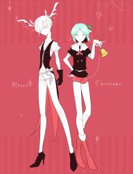 Rule 34 | 2others, androgynous, antarcticite, black gloves, christmas, cojima, dated, fur trim, gloves, green eyes, green hair, houseki no kuni, multiple others, phosphophyllite, red background, red shorts, short hair, short sleeves, shorts, signature, smile, white hair