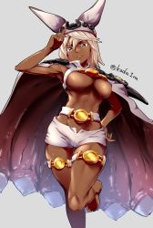 Rule 34 | 1girl, abs, absurdres, arc system works, armor, armpits, barefoot, belt, belt bra, breasts, brown eyes, cape, commentary request, dark-skinned female, dark skin, groin, guilty gear, guilty gear xrd, hand on own hip, hat, highres, koda1ra, large breasts, lowleg, lowleg shorts, midriff, pauldrons, platinum blonde hair, ramlethal valentine, short shorts, shorts, shoulder armor, solo, thick thighs, thigh gap, thigh strap, thighs, twitter username, underboob