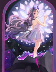 Rule 34 | 1girl, absurdres, backless dress, backless outfit, besi (besidoesart), breasts, dress, gem, gradient hair, grey hair, highres, hololive, hololive english, koseki bijou, light smile, long hair, looking at viewer, looking back, moai, multicolored hair, nail polish, pink nails, purple eyes, purple hair, small breasts, smile, solo, virtual youtuber, white dress