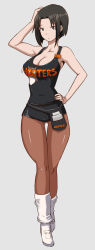 Rule 34 | 1girl, black hair, boots, breasts, brown pantyhose, butcha-u, cleavage, clothes writing, employee uniform, grey background, hand on own head, hand on own hip, hip focus, hooters, legs, long image, miniskirt, pantyhose, pencil skirt, shirafuji kyouko, short hair, simple background, skirt, solo, tall image, thick thighs, thigh gap, thighs, uniform, waitress, wide hips, working!!