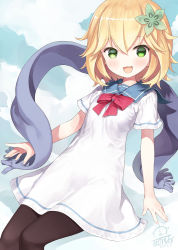 Rule 34 | 10s, 1girl, 2017, :3, :d, artist name, black pantyhose, blonde hair, blue scarf, blush, bow, bowtie, capriccio, cloud, dated, day, dress, gabriel dropout, green eyes, hair between eyes, hair ornament, heart, hibanar, looking at viewer, open mouth, pantyhose, red bow, red bowtie, sailor dress, scarf, school uniform, short sleeves, sky, smile, solo, tapris chisaki sugarbell, white dress
