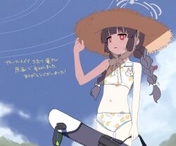 Rule 34 | 1girl, bikini, black hair, blue archive, blue sky, braid, bright pupils, commentary request, halo, hat, highres, holding case, long hair, miyu (blue archive), miyu (swimsuit) (blue archive), navel, red eyes, sky, solo, straw hat, sweat, swimsuit, translation request, twin braids, what a, white bikini, white pupils
