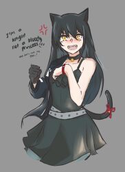 Rule 34 | 1girl, animal ears, arknights, astrograph21, black dress, black gloves, black hair, blush, breasts, cat ears, cat girl, cat tail, clenched hand, dagda (arknights), dress, embarrassed, fangs, gloves, grey background, hair between eyes, hand on own chest, hands up, highres, jacket, long sleeves, off shoulder, open clothes, open jacket, open mouth, red ribbon, ribbon, simple background, sleeveless, sleeveless dress, small breasts, solo, tail, tail ornament, tail ribbon, upper body, v-shaped eyebrows, yellow eyes