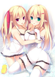 Rule 34 | 2girls, absurdres, bare shoulders, blonde hair, blush, breasts, dress, elf, green eyes, hair ornament, hair ribbon, hairclip, highres, hug, kneeling, large breasts, long hair, looking at viewer, megarisu, multiple girls, open mouth, original, pointy ears, red eyes, ribbon, rubber duck, sitting, thighhighs, twintails, water, white dress, white legwear