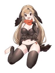 Rule 34 | bare shoulders, bikini, blonde hair, blush, brown hair, brown kimono, brown thighhighs, chicha (chi cha rigbo), detached sleeves, fins, frilled bikini, frills, hair between eyes, head fins, highres, japanese clothes, kemono friends, kimono, long hair, looking at viewer, midriff, multicolored hair, navel, open mouth, orange scarf, puffy sleeves, scarf, sitting, smile, steller&#039;s sea lion (kemono friends), swimsuit, thighhighs, toeless legwear