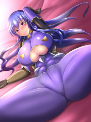 Rule 34 | 1girl, akiyama rinko, ass, bloom, blue hair, bodysuit, breasts, cameltoe, cleavage cutout, cleft of venus, clenched teeth, clothing cutout, colalrbone, covered navel, grabbing, highres, kanna (minamozuki), large breasts, long hair, looking at viewer, lying, on back, on bed, ponytail, purple bodysuit, purple eyes, shiny clothes, sidelocks, skin tight, solo, spread legs, taimanin (series), taimanin suit, taimanin yukikaze, teeth, underboob