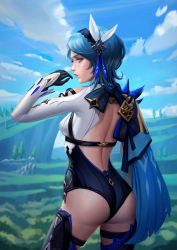 Rule 34 | 1girl, armor, ass, back, backless outfit, bare shoulders, black gloves, black thighhighs, blue cape, blue hair, blurry, blurry background, breasts, cape, clothing cutout, cloud, commentary, cowboy shot, day, english commentary, eula (genshin impact), flipped hair, framed breasts, from behind, genshin impact, gloves, hair ornament, hairband, hand up, highres, lace trim, leotard, lips, long sleeves, looking at viewer, looking back, nature, outdoors, pauldrons, profile, shoulder armor, shoulder cutout, sky, solo, thigh strap, thighhighs, xyzdefuse, yellow eyes