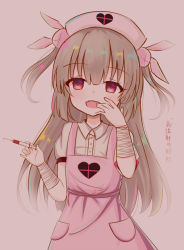 Rule 34 | &gt; &lt;, 1girl, :d, apron, bandaged arm, bandages, blush, collared shirt, dress shirt, fang, hair between eyes, hair ornament, hand to own mouth, hat, head tilt, heart, holding, holding syringe, light brown hair, long hair, looking at viewer, natori sana, nurse, nurse cap, open mouth, pink apron, pink background, pink hat, puffy short sleeves, puffy sleeves, rabbit hair ornament, red eyes, sana channel, satori (ymoy), shirt, short sleeves, simple background, smile, solo, syringe, translated, two side up, very long hair, virtual youtuber, white shirt