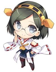 Rule 34 | 10s, 1girl, adjusting eyewear, bare shoulders, black hair, black pantyhose, blue eyes, boots, chibi, detached sleeves, glasses, hairband, japanese clothes, kantai collection, kirishima (kancolle), lowres, pantyhose, personification, rei (rei&#039;s room), short hair, skirt, smile, solo, thigh boots, thighhighs