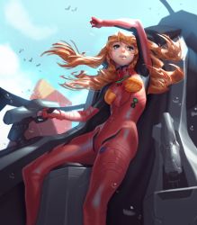 Rule 34 | 1girl, bird, breasts, cockpit, commentary, crying, crying with eyes open, english commentary, eva 02, floating hair, highres, jeremy anninos, long hair, looking up, mecha, neon genesis evangelion, open mouth, orange hair, pilot suit, plugsuit, robot, science fiction, sitting, skin tight, small breasts, solo, souryuu asuka langley, tears, two side up