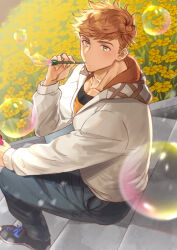 Rule 34 | 1boy, alternate costume, blonde hair, blowing bubbles, bubble pipe, casual, collarbone, floral background, flower, full body, gradient hair, granblue fantasy, green eyes, higashigunkan, holding, hood, hood down, hoodie, light, long sleeves, looking at viewer, male focus, multicolored hair, open clothes, open hoodie, outdoors, pants, pectorals, shoes, short hair, sitting, sitting on stairs, solo, stairs, toned, toned male, vane (granblue fantasy), yellow flower