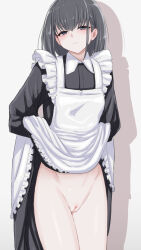 Rule 34 | 1girl, apron, black dress, black eyes, black hair, censored, cleft of venus, closed mouth, commentary request, dress, frilled apron, frills, hair between eyes, highres, hip bones, lifted by self, looking at viewer, maid, maid apron, medium hair, mosaic censoring, mustee, no panties, original, presenting pussy, pussy, revision, shadow, simple background, solo, standing, upskirt, white apron, white background