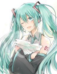Rule 34 | 1girl, ;d, detached sleeves, floating hair, frilled shirt, frills, green eyes, green hair, green necktie, grey shirt, haru (haru2079), hatsune miku, headphones, highres, long hair, microphone, necktie, one eye closed, open mouth, shirt, simple background, sleeveless, sleeveless shirt, smile, solo, teardrop, tears, twintails, upper body, very long hair, vocaloid, white background