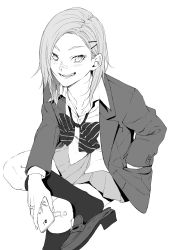 Rule 34 | 1girl, :d, absurdres, bandaid, bandaid on face, bandaid on knee, bandaid on leg, bandaid on nose, blush, bow, bowtie, cellphone, commentary request, greyscale, hair ornament, hairclip, hand in pocket, highres, holding, holding phone, jacket, long sleeves, monochrome, open clothes, open jacket, open mouth, original, phone, pleated skirt, popped collar, shirt, shoes, sitting, skirt, smartphone, smile, socks, solo, vice (kuronekohadokoheiku), wing collar