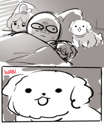 Rule 34 | 2koma, artist self-insert, bed, cameo, comic, commentary, dakimakura (object), dog, animal crossing, kataro, lowres, monochrome, nintendo, pillow, isabelle (animal crossing), stuffed toy, wide-eyed